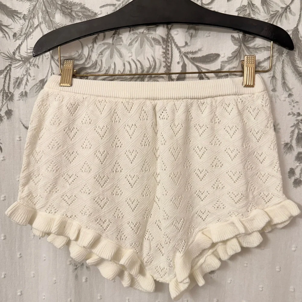 Free People Ivory Knit Ruffle Pajama Shorts - Picture 1 of 5